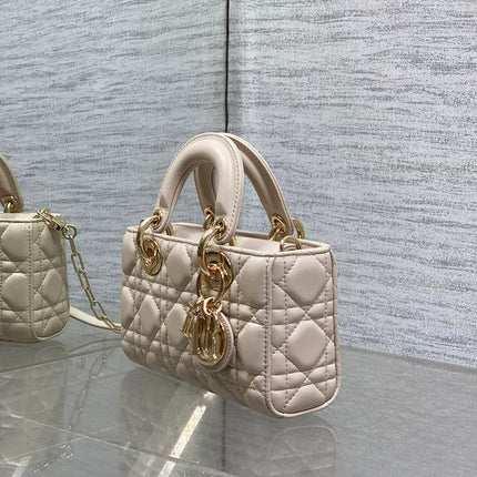 DIOR 25S MICRO LADY D-JOY 19 IN BEIGE CALFSKIN GOLD HARDWARE