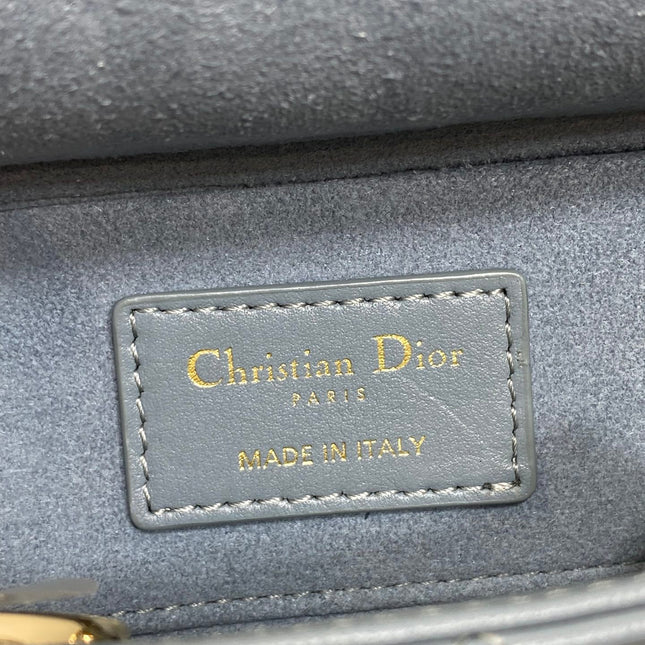 DIOR 25S SMALL LADY D‑JOY BAG 19 IN STEEL BLUE GRAY CANNAGE CALFSKIN GOLD HARDWARE