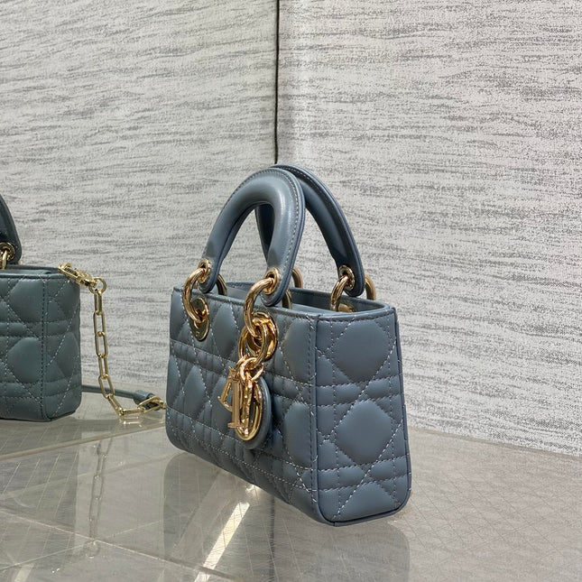 DIOR 25S SMALL LADY D‑JOY BAG 19 IN STEEL BLUE GRAY CANNAGE CALFSKIN GOLD HARDWARE