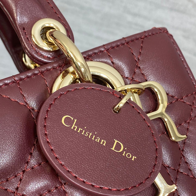 DIOR 25S SMALL LADY D‑JOY BAG 19 IN BURGUNDY CANNAGE CALFSKIN GOLD HARDWARE