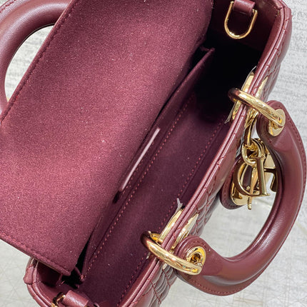 DIOR 25S SMALL LADY D‑JOY BAG 19 IN BURGUNDY CANNAGE CALFSKIN GOLD HARDWARE
