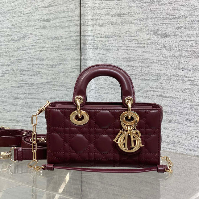 DIOR 25S SMALL LADY D‑JOY BAG 19 IN BURGUNDY CANNAGE CALFSKIN GOLD HARDWARE