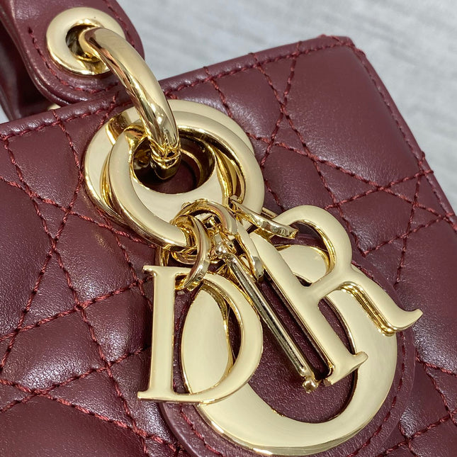DIOR 25S SMALL LADY D‑JOY BAG 19 IN BURGUNDY CANNAGE CALFSKIN GOLD HARDWARE