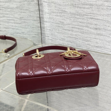 DIOR 25S SMALL LADY D‑JOY BAG 19 IN BURGUNDY CANNAGE CALFSKIN GOLD HARDWARE