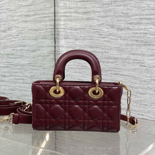 DIOR 25S SMALL LADY D‑JOY BAG 19 IN BURGUNDY CANNAGE CALFSKIN GOLD HARDWARE