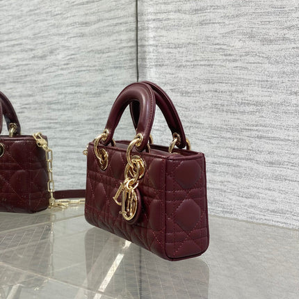 DIOR 25S SMALL LADY D‑JOY BAG 19 IN BURGUNDY CANNAGE CALFSKIN GOLD HARDWARE
