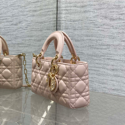 DIOR 25S SMALL LADY D‑JOY BAG 22 IN BABY PINK CALFSKIN GOLD HARDWARE