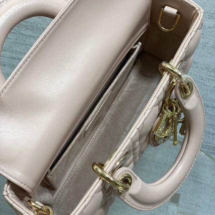 DIOR 25S SMALL LADY D‑JOY BAG 22 IN BABY PINK CALFSKIN GOLD HARDWARE