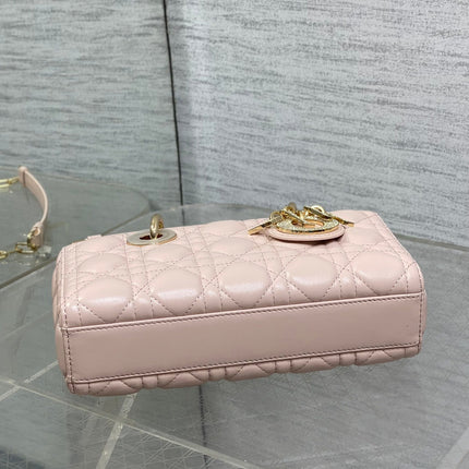DIOR 25S SMALL LADY D‑JOY BAG 22 IN BABY PINK CALFSKIN GOLD HARDWARE