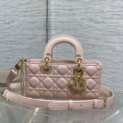 DIOR 25S SMALL LADY D‑JOY BAG 22 IN BABY PINK CALFSKIN GOLD HARDWARE