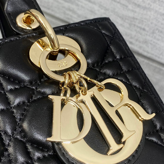 DIOR 25S MEDIUM LADY BAG 24 IN BLACK CALFSKIN GOLD HARDWARE