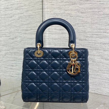 DIOR 25S MEDIUM LADY BAG 24 IN DEEP OCEAN BLUE CALFSKIN GOLD HARDWARE