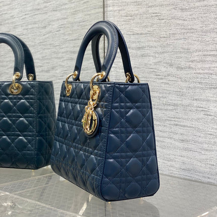 DIOR 25S MEDIUM LADY BAG 24 IN DEEP OCEAN BLUE CALFSKIN GOLD HARDWARE