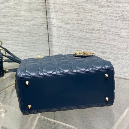 DIOR 25S MEDIUM LADY BAG 24 IN DEEP OCEAN BLUE CALFSKIN GOLD HARDWARE