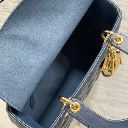 DIOR 25S MEDIUM LADY BAG 24 IN DEEP OCEAN BLUE CALFSKIN GOLD HARDWARE