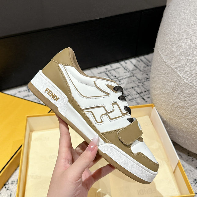 FENDI MATCH LOW-TOPS IN DARK TAN MIX WHITE CALFSKIN