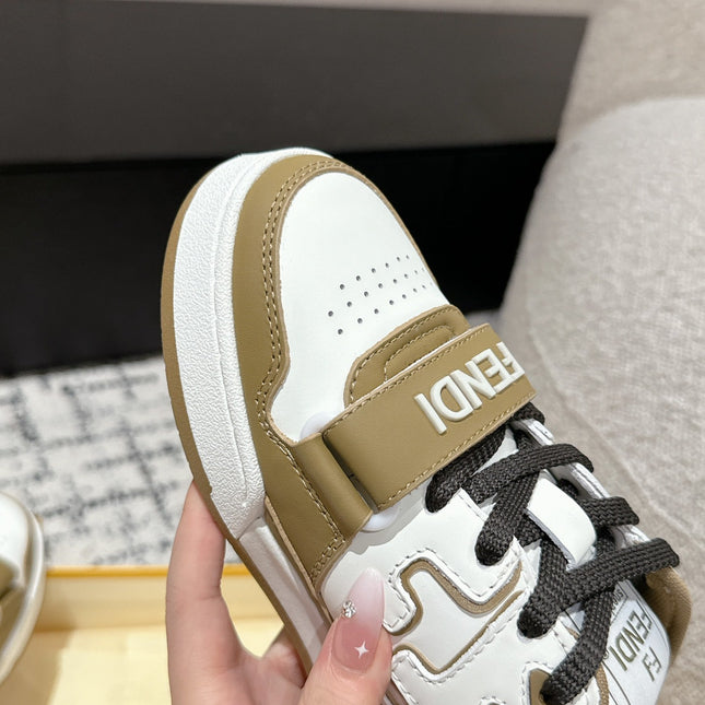 FENDI MATCH LOW-TOPS IN DARK TAN MIX WHITE CALFSKIN