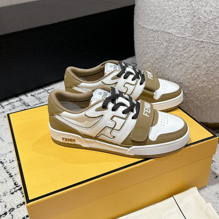 FENDI MATCH LOW-TOPS IN DARK TAN MIX WHITE CALFSKIN
