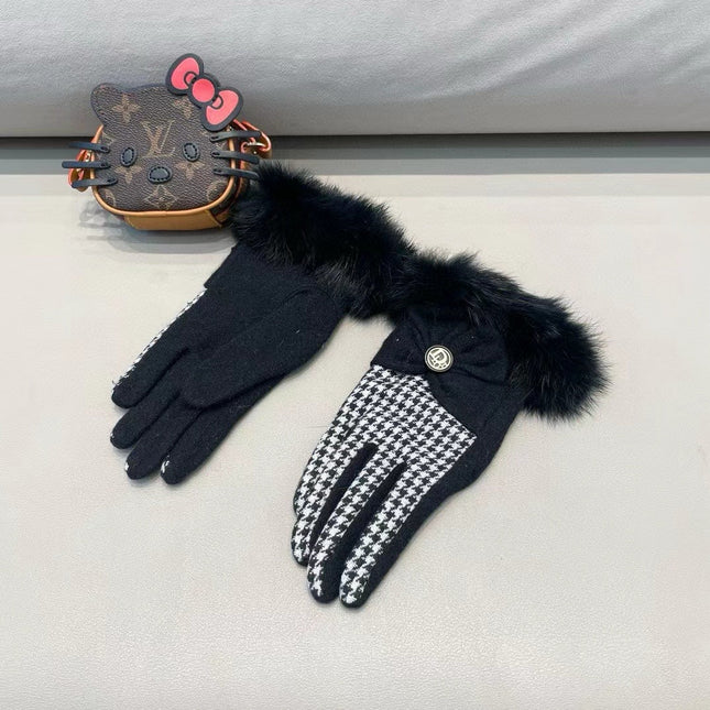 GLOVES WITH BOW IN BLACK MIX WHITE WOOL AND RABBIT FUR 453759