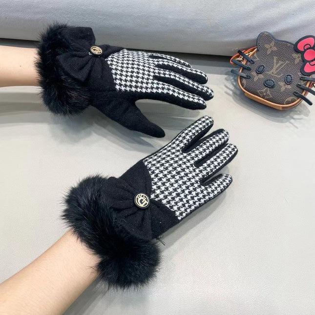 GLOVES WITH BOW IN BLACK MIX WHITE WOOL AND RABBIT FUR 453759
