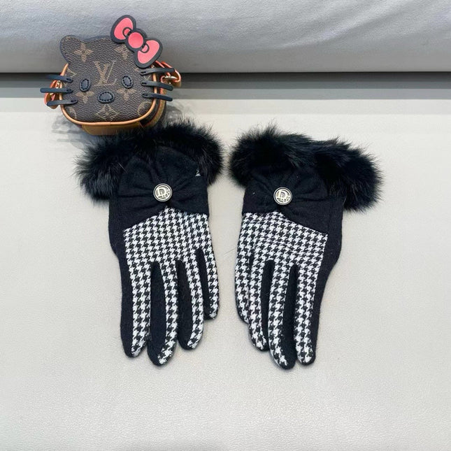 GLOVES WITH BOW IN BLACK MIX WHITE WOOL AND RABBIT FUR 453759