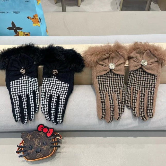 GLOVES WITH BOW IN BLACK MIX WHITE WOOL AND RABBIT FUR 453759