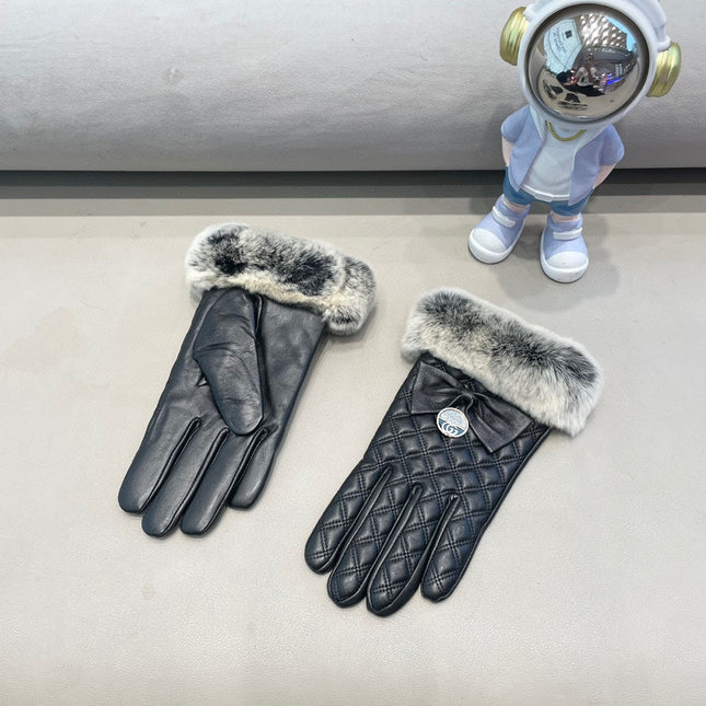 TOUCHSCREEN GLOVES WITH BOW IN BLACK RABBIT FUR MIX LAMBSKIN 463796