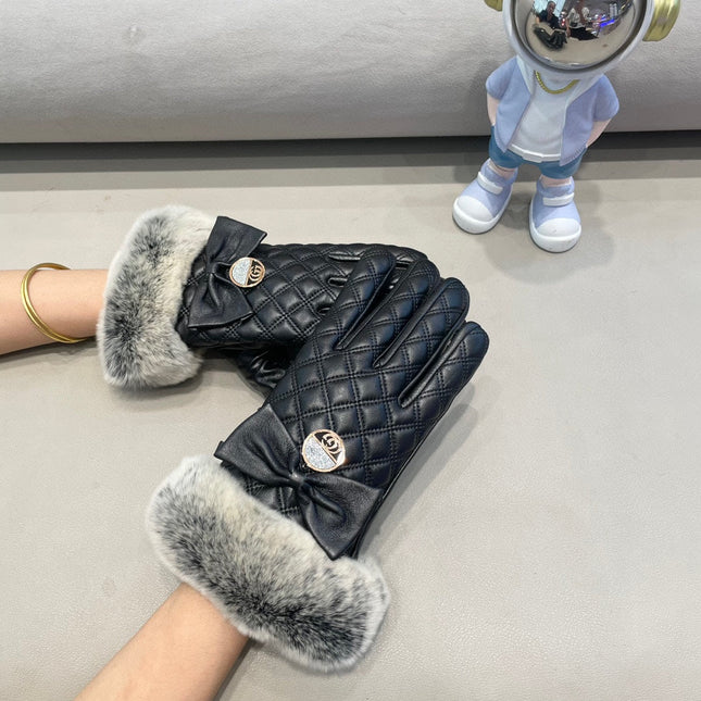 TOUCHSCREEN GLOVES WITH BOW IN BLACK RABBIT FUR MIX LAMBSKIN 463796