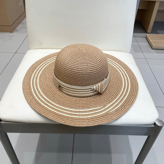 WIDE BRIM HAT MODEL 650409 IN  BROWN WITH CREAM STRIPES WOVEN STRAW