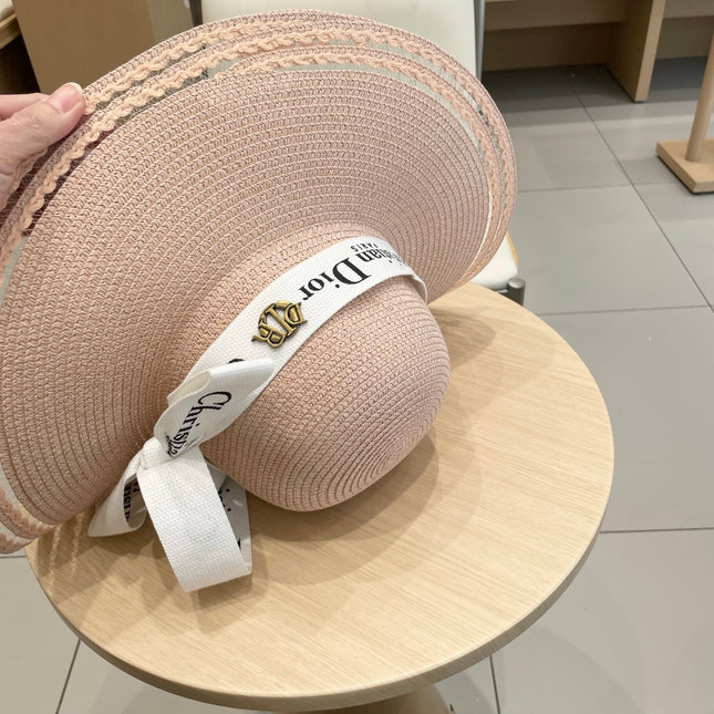 HAT IN LIGHT PINK BEIGE RAFFIA WIDE-BRIM MIX BIG WHITE BOW