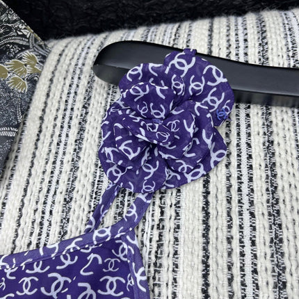 CHANEL DARK PURPLE SILK CAMELLIA DRESS WITH PEARL DETAILS