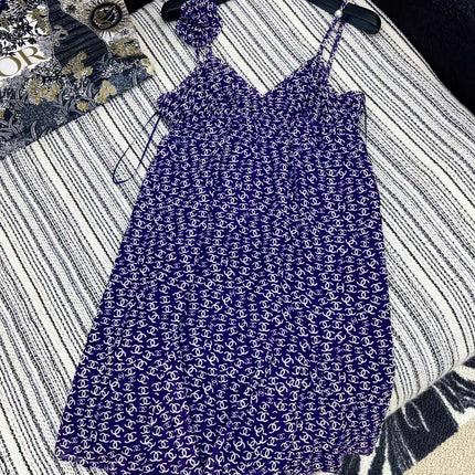 CHANEL DARK PURPLE SILK CAMELLIA DRESS WITH PEARL DETAILS