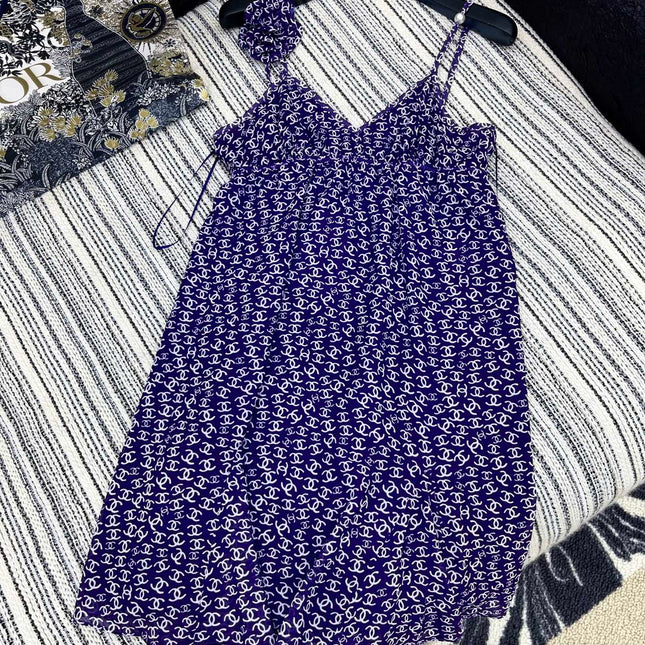 CHANEL DARK PURPLE SILK CAMELLIA DRESS WITH PEARL DETAILS