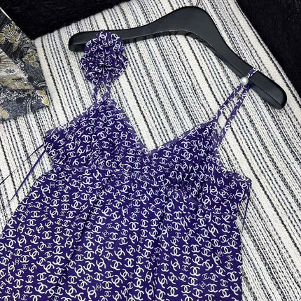 CHANEL DARK PURPLE SILK CAMELLIA DRESS WITH PEARL DETAILS