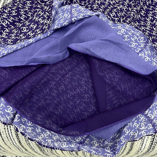 CHANEL DARK PURPLE SILK CAMELLIA DRESS WITH PEARL DETAILS