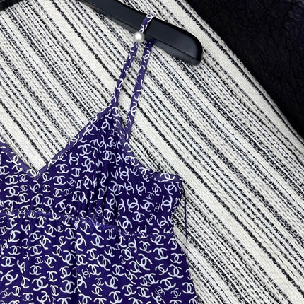 CHANEL DARK PURPLE SILK CAMELLIA DRESS WITH PEARL DETAILS