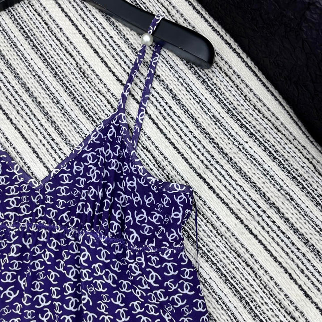 CHANEL DARK PURPLE SILK CAMELLIA DRESS WITH PEARL DETAILS