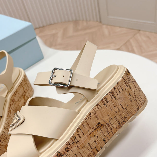 PRA WEDGE PLATFORM SANDALS BEIGE CALFSKIN