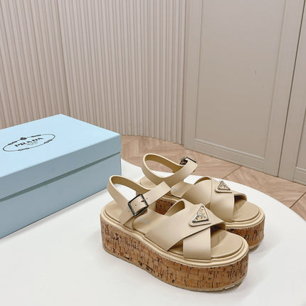 PRA WEDGE PLATFORM SANDALS BEIGE CALFSKIN