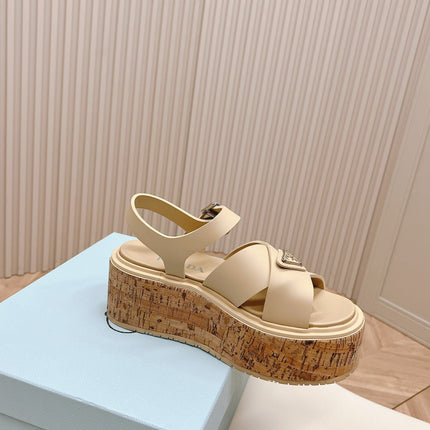PRA WEDGE PLATFORM SANDALS BEIGE CALFSKIN