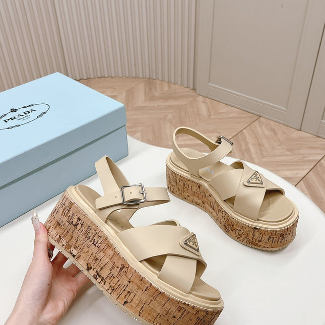 PRA WEDGE PLATFORM SANDALS BEIGE CALFSKIN