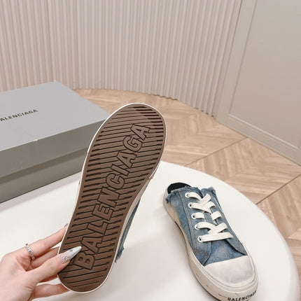 PARIS MULES IN BLUE DESTROYED DENIM AND RUBBER