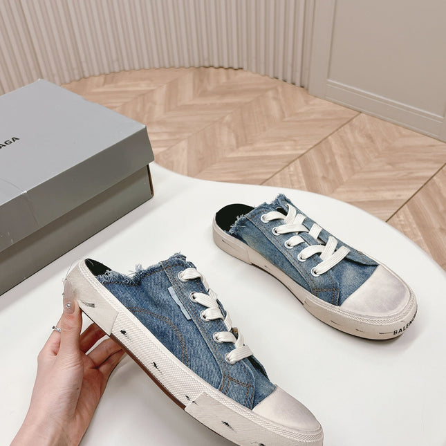 PARIS MULES IN BLUE DESTROYED DENIM AND RUBBER