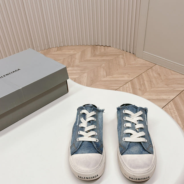 PARIS MULES IN BLUE DESTROYED DENIM AND RUBBER