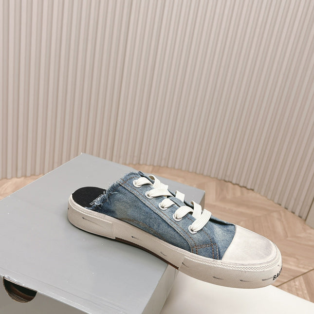 PARIS MULES IN BLUE DESTROYED DENIM AND RUBBER