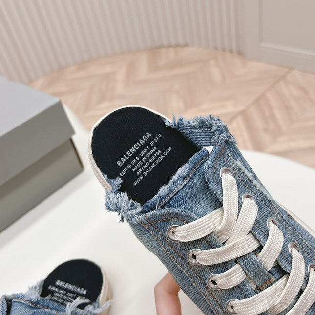 PARIS MULES IN BLUE DESTROYED DENIM AND RUBBER