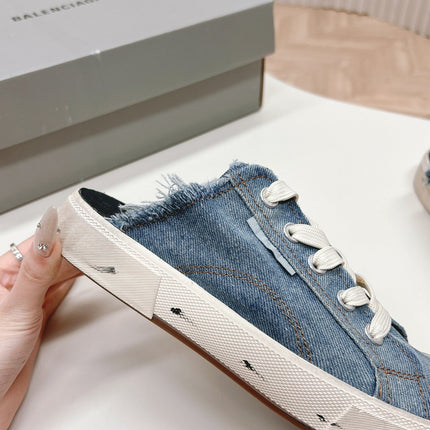 PARIS MULES IN BLUE DESTROYED DENIM AND RUBBER