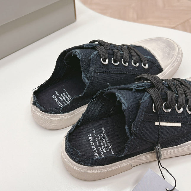 PARIS MULES IN BLACK DESTROYED DENIM AND RUBBER