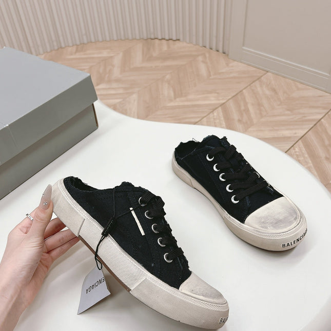 PARIS MULES IN BLACK DESTROYED DENIM AND RUBBER