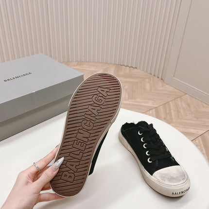 PARIS MULES IN BLACK DESTROYED DENIM AND RUBBER